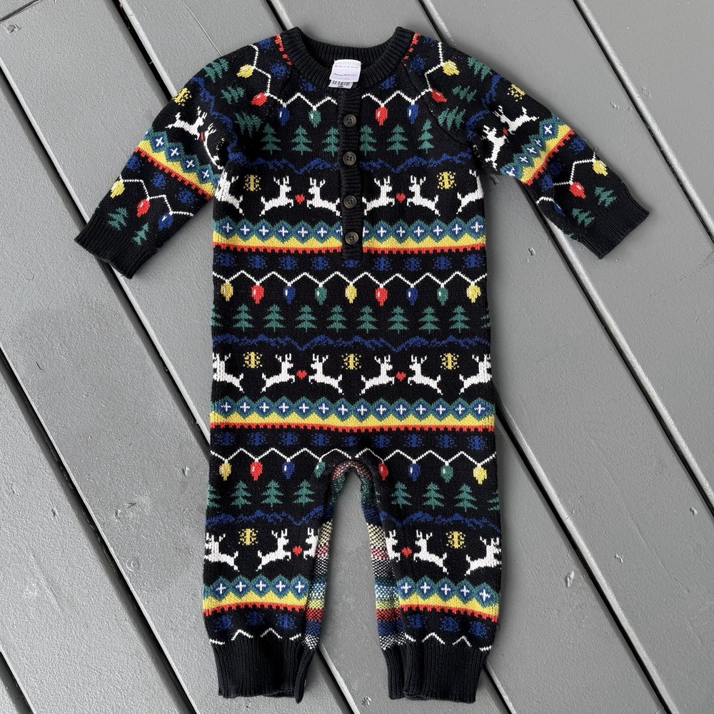 Hanna Andersson 18–24M Holiday Fair‎ Isle Reindeer Knit One-Piece Romper Nordic